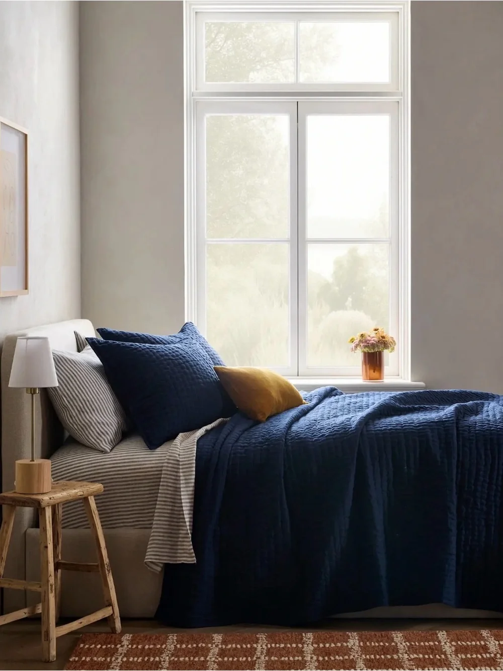 Quince European Linen Cotton Stitched Quilt in Navy, Twin NEW